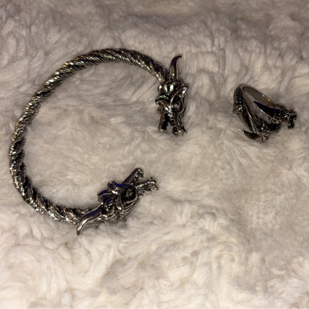 Silver Dragon Bracelet and Ring Set
